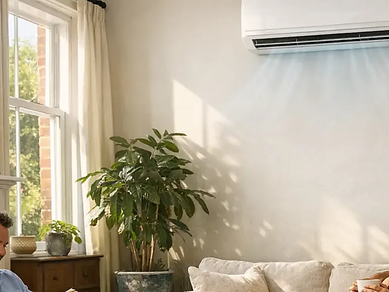 Comfortable room interior with a wall-mounted air conditioning unit