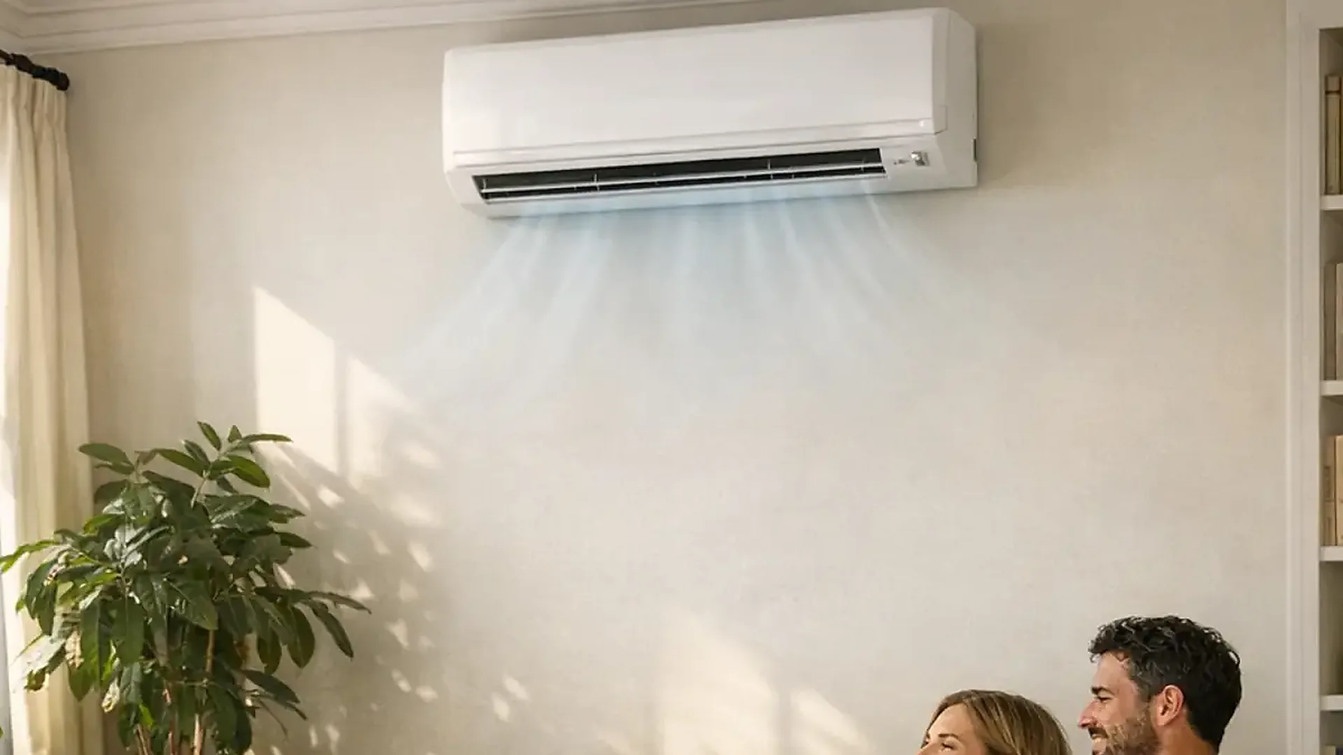 Wall-mounted air conditioning unit in a calm domestic interior