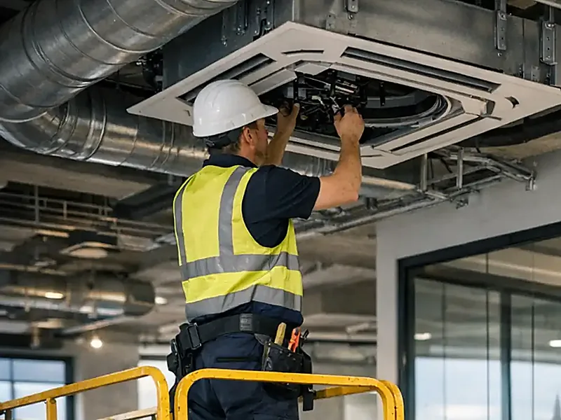 Close-up of commercial ceiling cassette air conditioning work