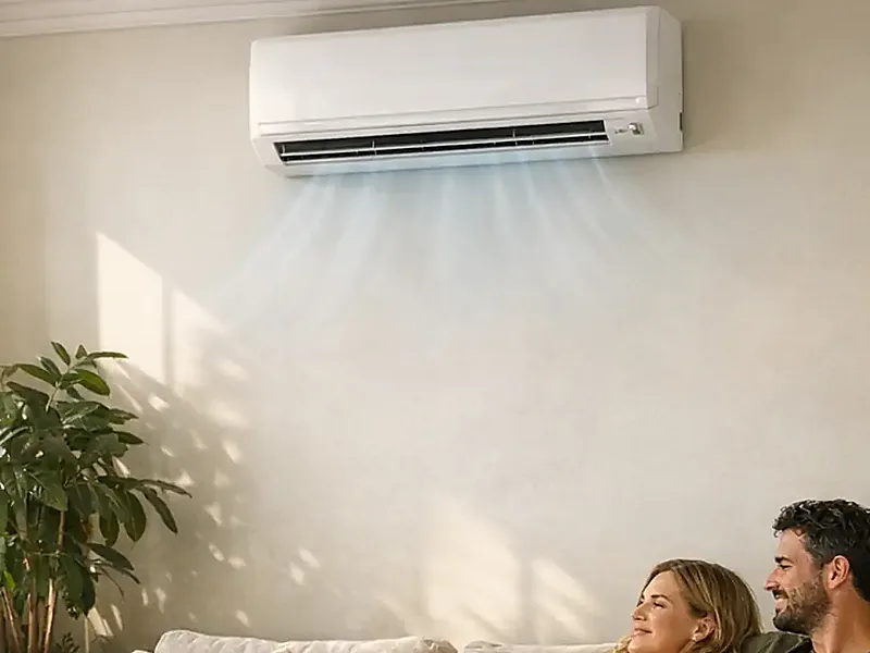 Quiet domestic air conditioning unit running in a bright home interior
