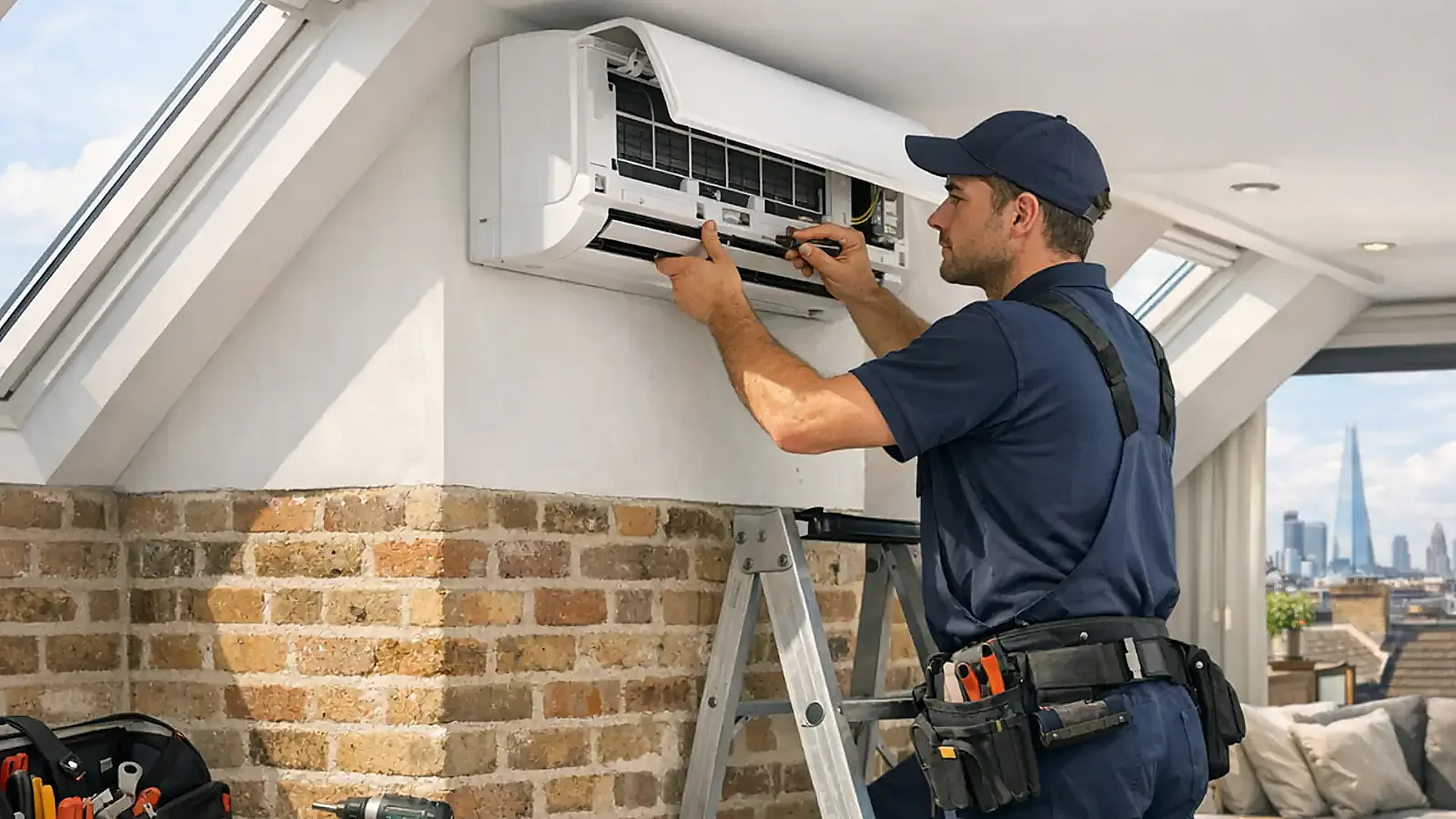 Engineer servicing a wall-mounted air conditioning unit inside a bright loft room