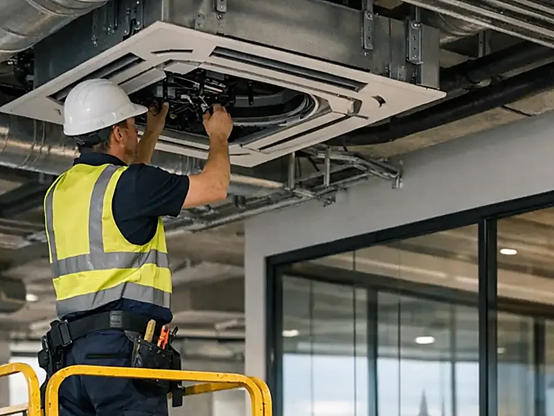 Ceiling cassette air conditioning work inside a commercial office