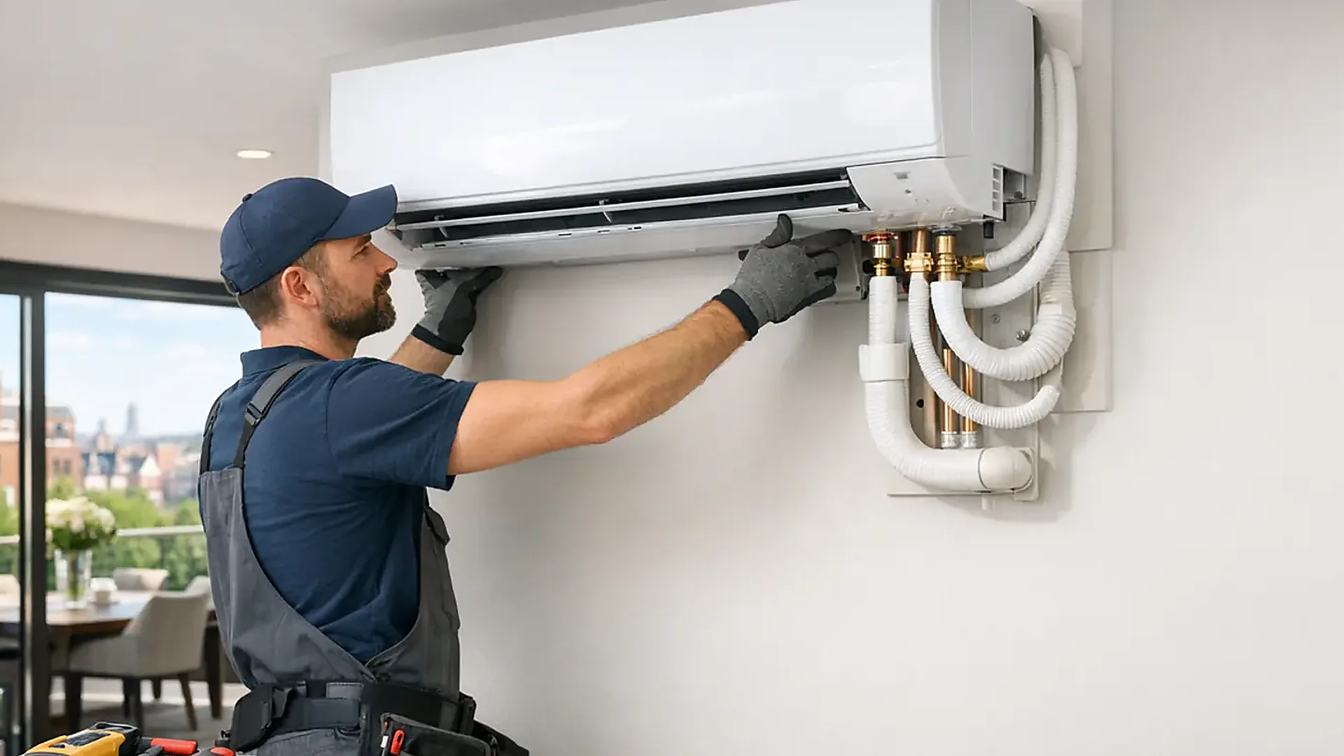 Engineer fitting a wall-mounted air conditioning unit inside a modern property